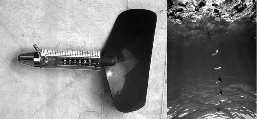* Figure 45. (Left) General Oceanics flowmeter, showing the low speed rotor and mechanical counter for revolutions.