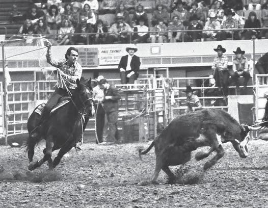 JAMES FAIN (Left) Woodard readies to turn in on a big one for Doyle Gellerman at the 1981 NFR, and (right) for Clay Tryan at Cheyenne Frontier Days this summer.