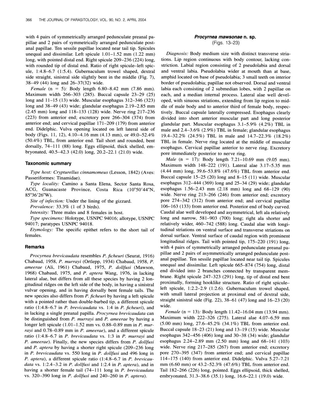 366 THE JOURNAL OF PARASITOLOGY, VOL. 90, NO. 2, APRIL 2004 with 4 pairs of symmetrically arranged pedunculate preanal papillae and 2 pairs of symmetrically arranged pedunculate postanal papillae.