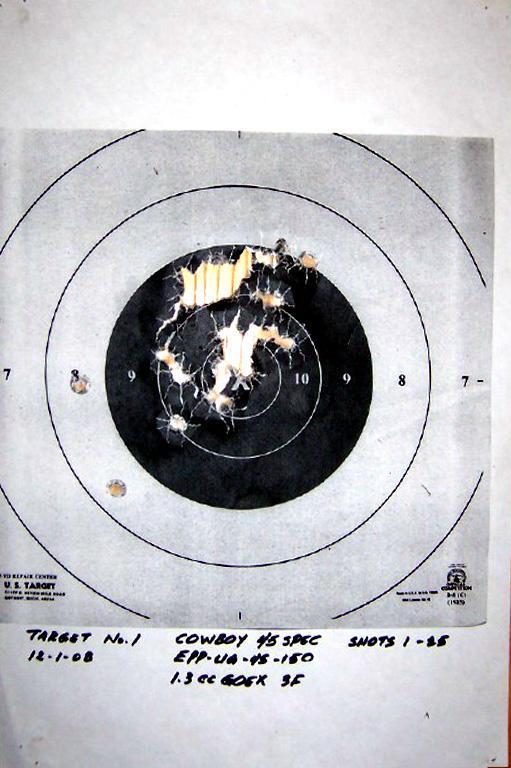 The shots were fired in 10, 5 shot groups, 25 shots at each of 2 targets. The targets were set at 7 yards distance.