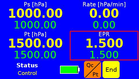 Open the Main Menu (SHIFT + 3) and select Functions and EPR. The EPR Menu will show, allowing the operator to enter the desired values of the Static Pressure (inlet) and the target EPR value.