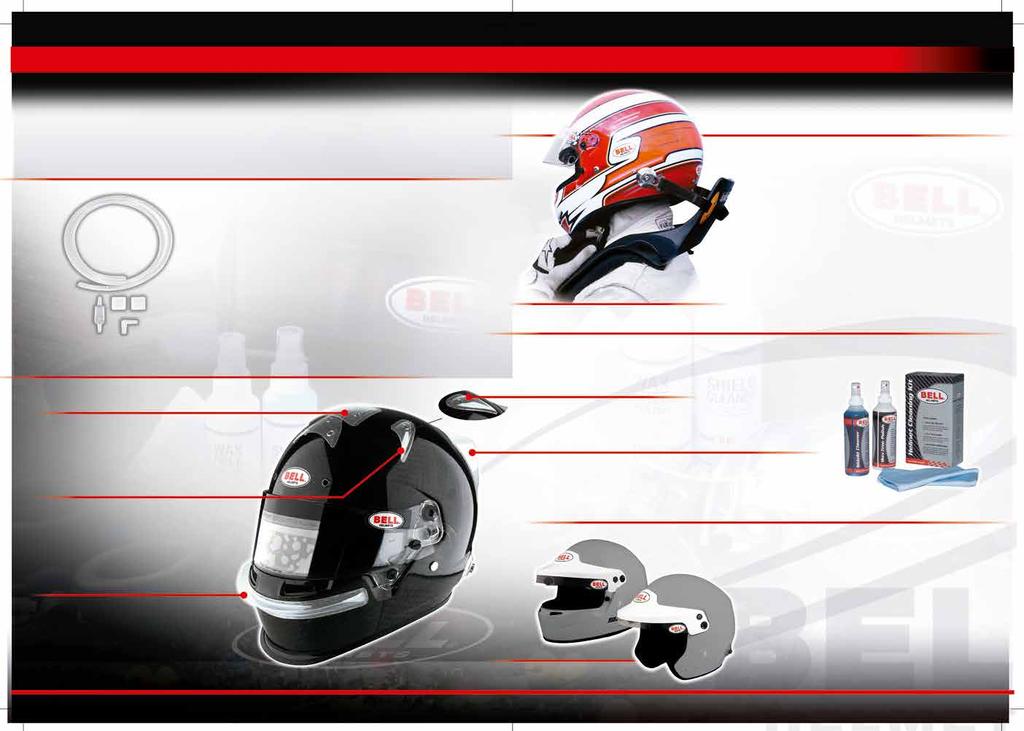 ACCESSORIES Bell offers a complete line of auto racing helmet accessories, from unique double screen anti-fog (DSAF) visors to tear-offs, spoilers and gear bags.
