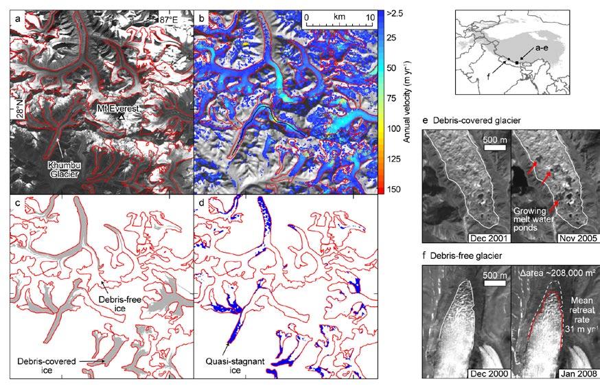 supplementary information Figure S1: Example of glacier analysis and data from the Mt. Everest region, Nepal. (a) Orthorectified ASTER-satellite images (3N band) from November 2004.