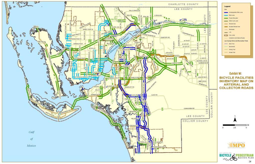 Exhibit W in Lee MPO Countywide Bicycle Pedestrian Master Plan (shows bicycle facilities as of 2010.) Click here for larger view of map: https://docs.google.com/open?