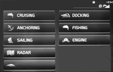 A B C Volvo Penta Glass Cockpit The Home menu is divided into fields: A. Warning and alarm symbols. Home B. Active function symbols. C. Shows current Autopilot settings. D.