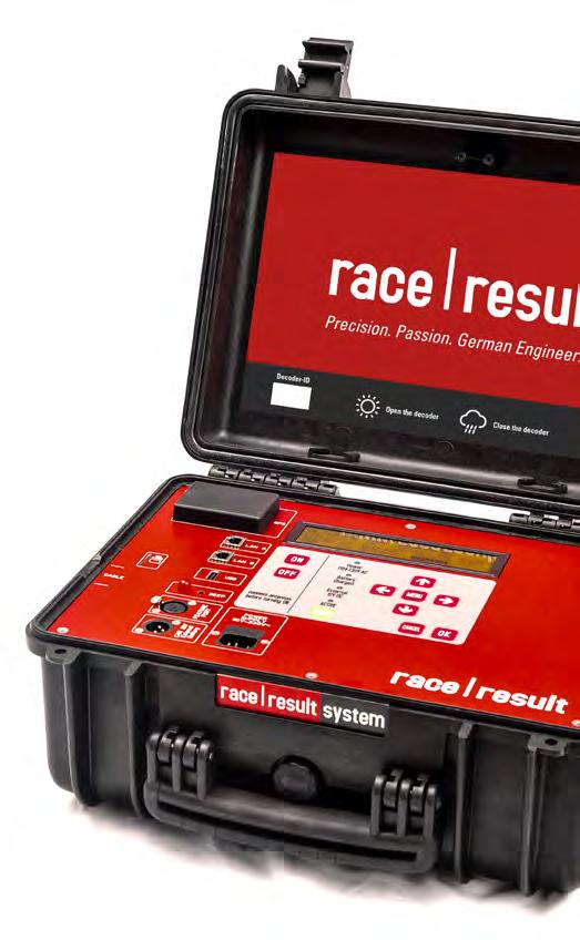 DECODER. The race result Decoder receives the signals from the transponders, calculates the exact finish time and provides the data to the scoring software like race result 11 in real time.