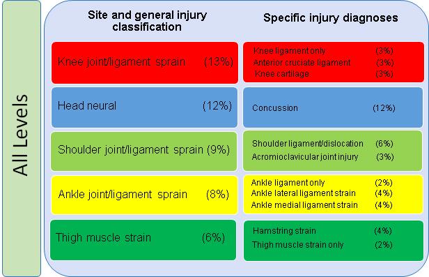 3.6. Injury diagnoses The top five most common injury diagnoses (site and general injury type left hand column) for all clubs are presented in Figure 3.