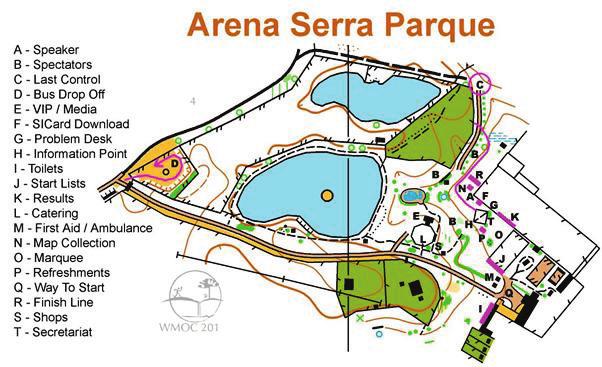 An example of an arena plan (used for the Long Final in Brazil at WMOC 2014). Arena plans such as this form an important part of Bulletin 2. 37.