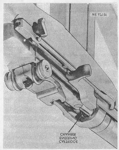 cartridge in the magazine and drives it forward into the chamber (fig. 2-6).