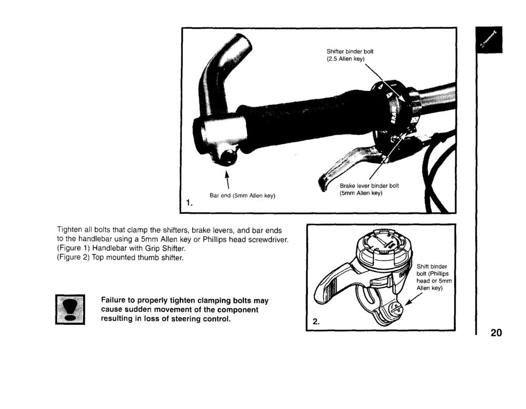 Tighten all bolts that clamp the shifters, brake levers, and bar ends to the handlebar using a 5mm Allen key or Phillips head screwdriver. (Figure 1) Handlebar with Grip Shifter.