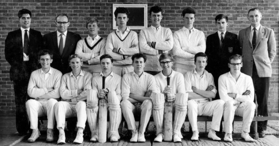Cricket First XI Back Row L-R: Mr. Glenn, Mr. Pacy, David Sugden, Neville Sutcliffe, David Williamson, David Mosley, 7, Mr.