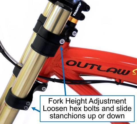 For aggressive riding trail riding, the fork must have the crown adjusted to the lowest stanchion setting. The higher crown adjustment diminishes steering control and it is not recommended.