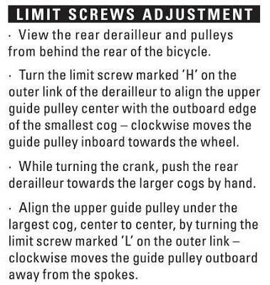 e) Derailleur adjustment (SRAM 9) If the chain of your bicycle falls off at the largest COG/sprocket or the chain is having problems remaining on the correct gear, you may need to adjust your