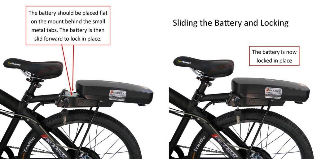 c) Installing and locking the battery As shown in the photos above, the battery has 2 thin slotted rails (1 on each side of the battery towards the front) and a raised slot (towards the rear and near