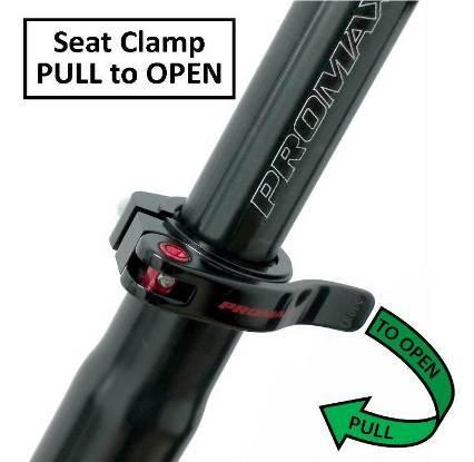 The quick release lever is opened by pulling the lever away from the seat tube allowing for the seat tube clamp to loosen the grip around the post.