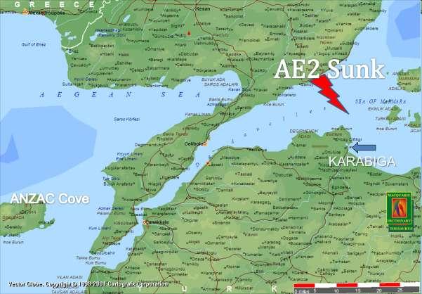 Figure 7 -Location of the sinking of AE2 The Significance of AE 2 s Operation AE 2 s action is significant in the history of Gallipoli because: It was the first Allied submarine to penetrate the
