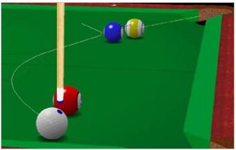 MASSÉ Hitting downward on the cue ball by raising the butt of the cue and causing the cue ball to curve is called a Massé shot.