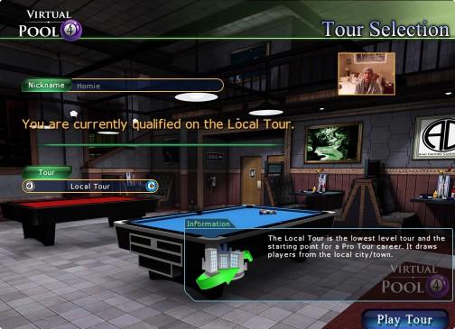 PRO TOUR CAREER MANAGER Click on Pro Tour Career Play on Virtual Pool 4 Main Menu Click on New Career on Pro Tour Career Menu On the New Profile screen Type in a Nickname for you to use throughout