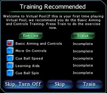 QUICK PLAY Selecting Quick Play from the Main Menu, brings a pop-up box that shows the Training Exercises.