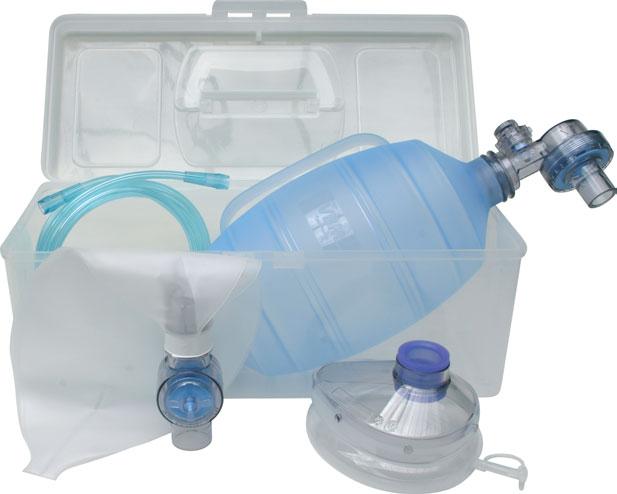 Resuscitation Bag Set, reusable Complete Set reusable, supplied in a rigid transparent carrying case Adult - with 2000 ml Resuscitation Bag with palm holder - Air Cushion Face Mask