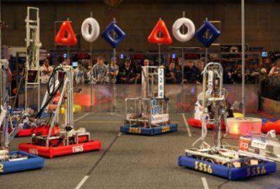 2011 LOGO MOTION In the 2011 game, LOGO MOTION, two alliances of three teams compete on a 27-by-54-foot field with poles, attempting to earn points by hanging as many triangle, circle, and square