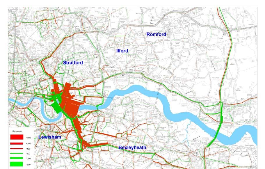 The plot below shows the change in traffic flows in the pm peak hour in 2021 due to the implementation of Silvertown Tunnel and charging both Silvertown and Blackwall.
