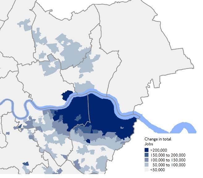 Gallions Bridge The plot below shows the change in the number of jobs accessible within 37 mins by zone in the am peak hour in 2021 from implementing Gallions Bridge (with Silvertown and Blackwall