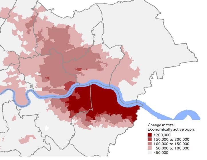 The plot below shows the change in the number of economically active people accessible within 37 mins by zone from implementing Gallions Bridge (with Silvertown and Blackwall charged) compared to