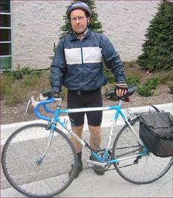 Chris Marriott of the Department of Medicine cycles Waterdown to McMaster in rain, snow or sun, and visits three hospital sites by bike. Photo courtesy of McMaster University.