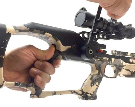To release any tension in the cocking system, rotate the cocking handle slightly rearward toward the bottom of your Ravin Crossbow.