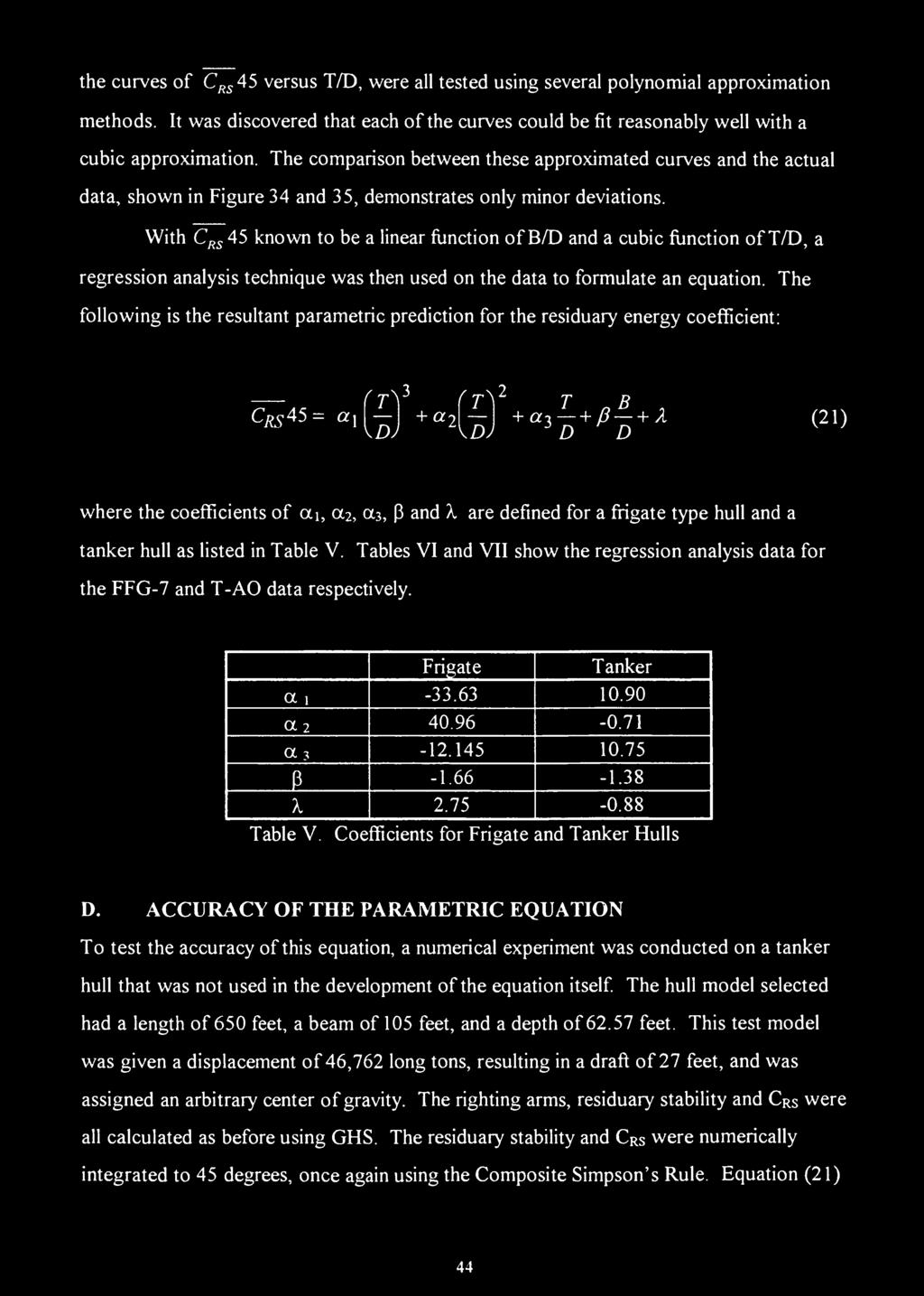 With C R5 45 known to be a linear function of B/D and a cubic function of T/D, a regression analysis technique was then used on the data to formulate an equation.