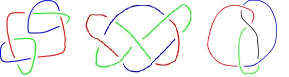 The left knot, known as the Granny Knot, is a composite knot obtained by taking the connected sum of two identical trefoil knots; The middle knot is 7 4 Knot. The right one is figure-eight knot.