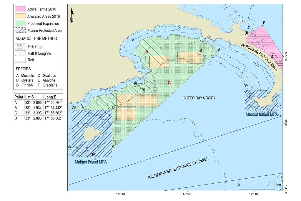 Figure 3. Proposed area for future aquaculture in the Outer Bay north of the entrance channel in vicinity of Malgas Island (pre-mitigation).
