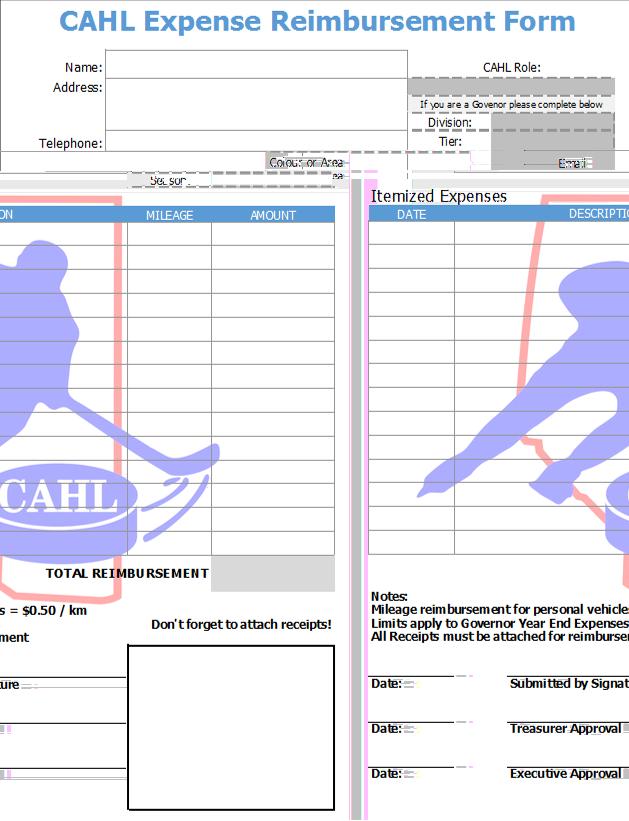 13. CAHL Expense Reimbursement Information At the end of the season, unless specifically authorized by the CAHL President at a different interval; the CAHL Treasurer will reimburse Governor Expenses