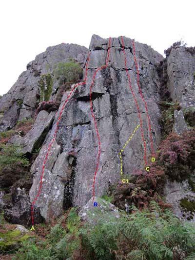 Low Crag Page: 213 Main Buttress Harry Patch - Last Man Standing 36m HS A reasonable route with much variety. Start by the big flake, just right of Ysppty. 1 10m.