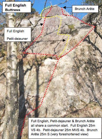 Petit-Déjeuner 25m MVS 4b * Pleasant varied climbing. Climb the initial corner as for Full English. At the ledge step left and climb another short corner directly below the Shield.