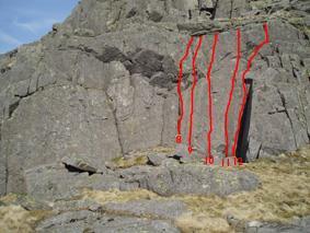 Climb the crack just to the left of the large flat boulder. Finish up the rib and blocks. S. Right of the flat boulder climb the crack and ledge finishing left.