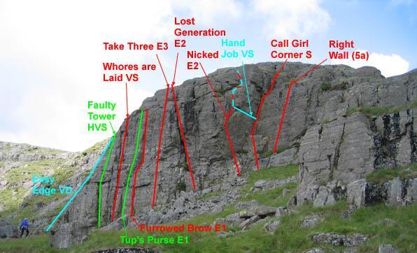 Whores are Laid 13m VS 4c The major crack system towards the left side of the crag, between Faulty Tower and Tup's Purse. Climb the crack and continue up thin twin cracks to a fine finish.