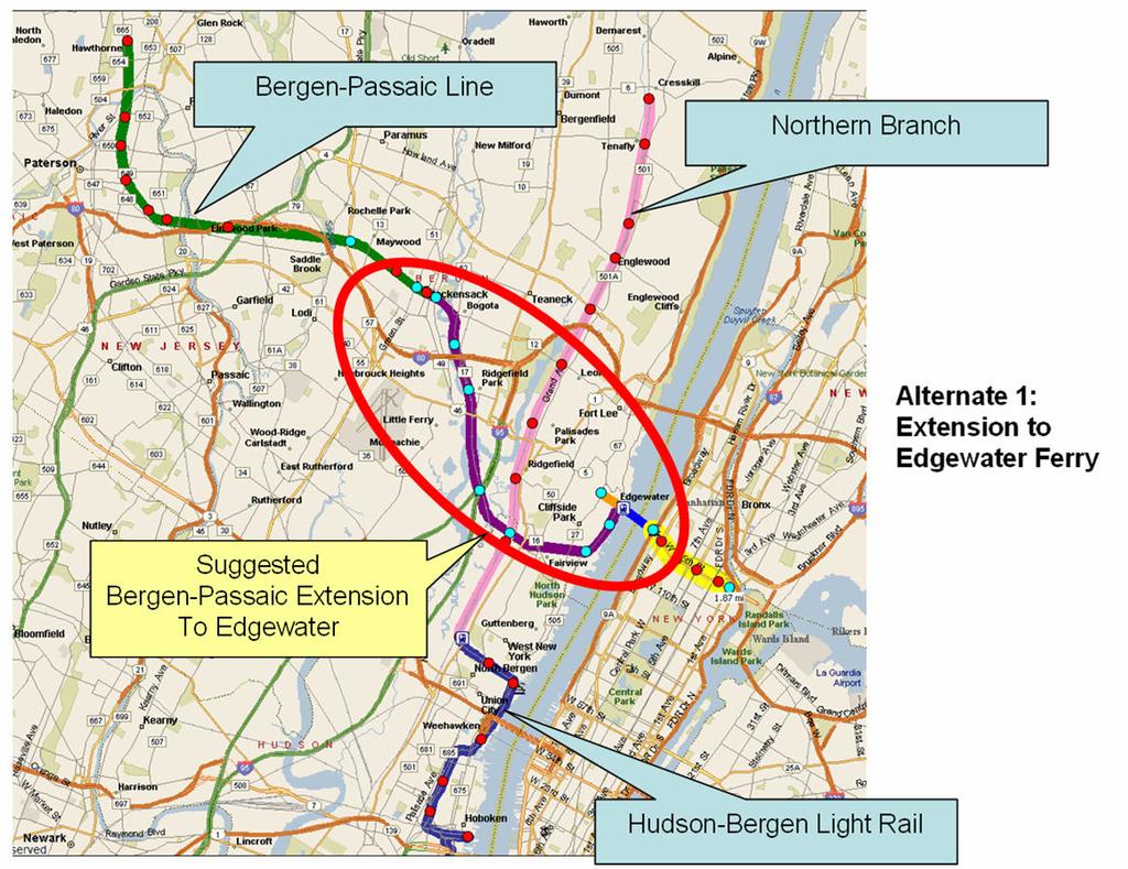 Using an existing unused NYS&W freight tunnel, the line would cross under the Palisades to the Waterfront in the vicinity of River Road at Edgewater Commons or further to the north in the vicinity of