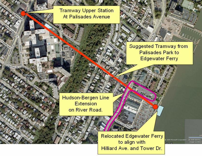 A tramway alignment that follows Hilliard Drive in Edgewater and Tower Drive in Cliffside Park would be one of the few feasible straight-line corridors from the upper to the lower Palisades (see