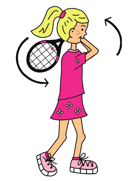Swing low to high! 3. Turn your hips and bring the racquet forward to meet the ball to the side and out in front of your body. Shift your weight to your front foot as you hit the ball. 4.