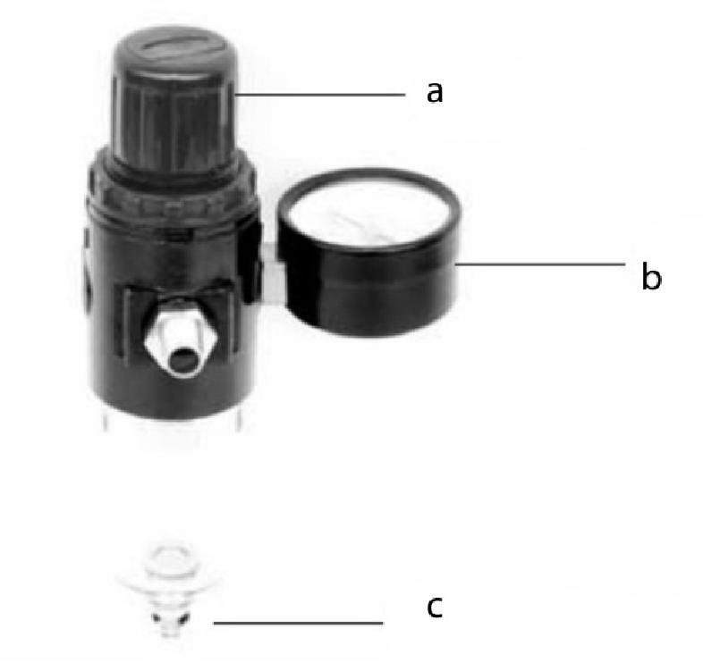 Operation of the pressure relief station with filter a) Pressure regulator b) Manometer c) Water drain plug Product name: Pressure regulator with filter and manometer Typ: AFR-2000 Specifications:
