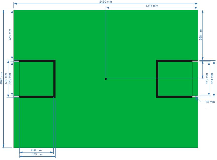 14. The back and sides of the goal interior are painted sky blue. R: 80 G: 200 B: 250. The floor is dark green carpet. The external sides of the goals are painted matte black. 15.