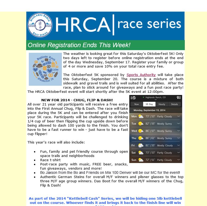 SAMPLE OF MARKETING EBLAST This email is sent to our HRCA homeowner database as well as our previous race participants (25,000+ emails) three times before each race to advertise the upcoming event.