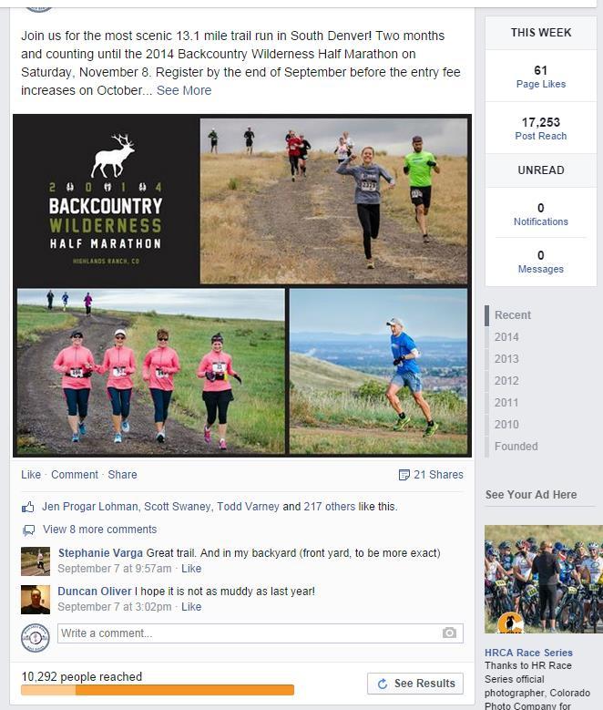 SAMPLE OF PAID FACEBOOK POST BOOST This is an example of a Facebook paid boost post. We pay to have our HRCA Race Series Facebook page post for the race boosted to a demographic of our choice.
