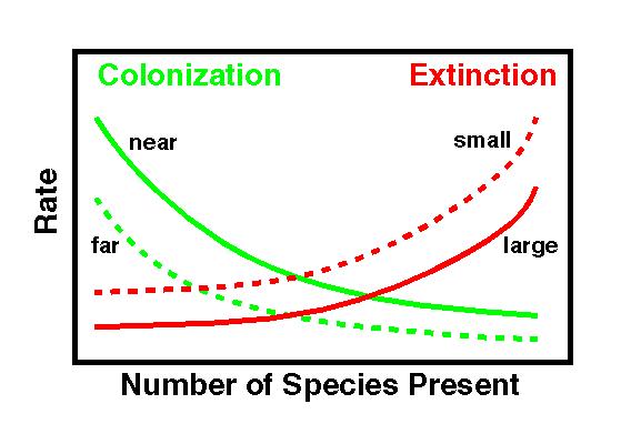 Graph for Question 6 showing the relationship between the rates of colonization and extinction and the number of species present in the initial population on islands.