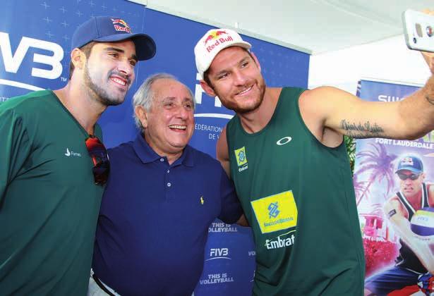 . A Winning Concept Selfie time for Brazil's Bruno Oscar Schmidt and Alison Cerutti with FIVB President Graça Centre court at the Swatch FIVB World Tour Finals 205, Fort Lauderdale, FL, USA A.
