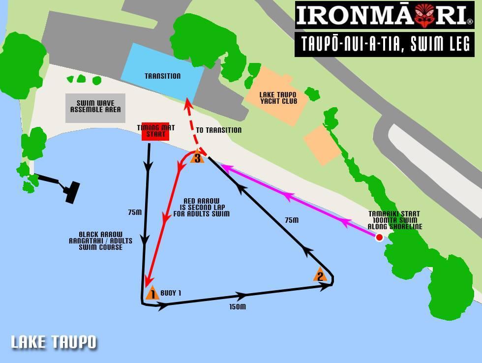 MAPS SWIM COURSE: PLEASE NOTE THE REVISED SWIM MAP TAMARIKI: Walk along the lake front 100ms, enter the water to start there swim back to Transition.