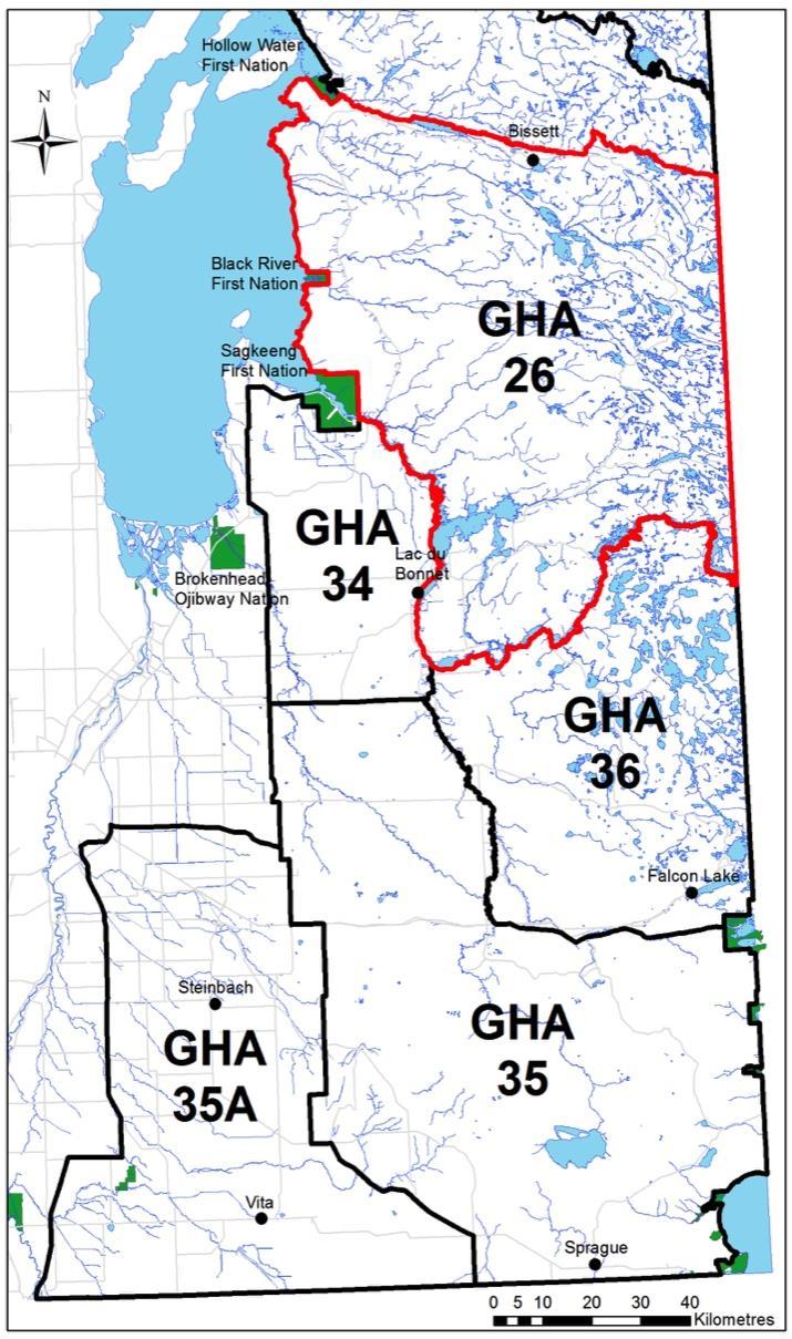 Figure 1. Game Hunting Areas (GHAs) in eastern Manitoba. Source: Manitoba Sustainable Development. 1.2.