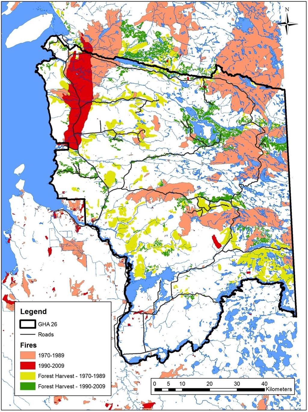 Figure 3. Fire and forest harvest disturbance in GHA 26 from 1970 through to 2009. Source: Manitoba Sustainable Development. 2.6 Weather and Climate Moose are well adapted to living in the boreal forest, including its extremes in weather and climate.
